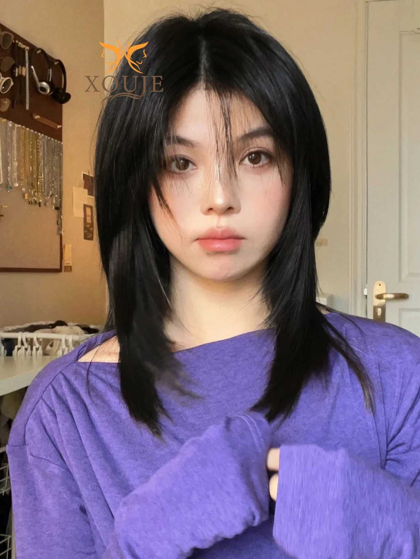 Synthetic Wigs Cosplay Wigs XOUJE Cute Bob Layered black Womens Bangs Wig - Natural Look Synthetic Straight Hair Daily Holiday Wear Use 240329