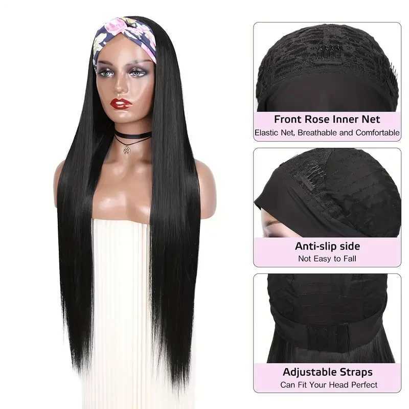 Synthetic Wigs Long Straight Headband Wig 30 Inch Synthetic Wig High Quality Wigs For Women Black Wig Cosplay Daily Use Heat Resistant Fiber 240329