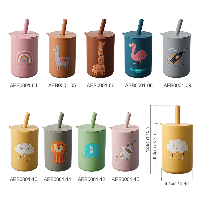 Baby Feeding Straw Cup Baby Cartoon Learning Feeding Cup Food Grade Silicone Toddler Water Bottle Tableware BPA Free