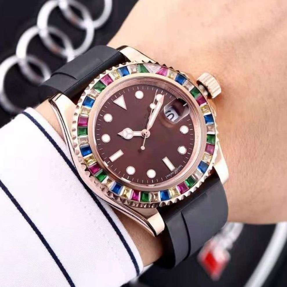 Casual Watches Original Automatic Movements Rubber Strap First Quality Sapphire mirror Men-watch Colorful Diamond Decoration Watch300I