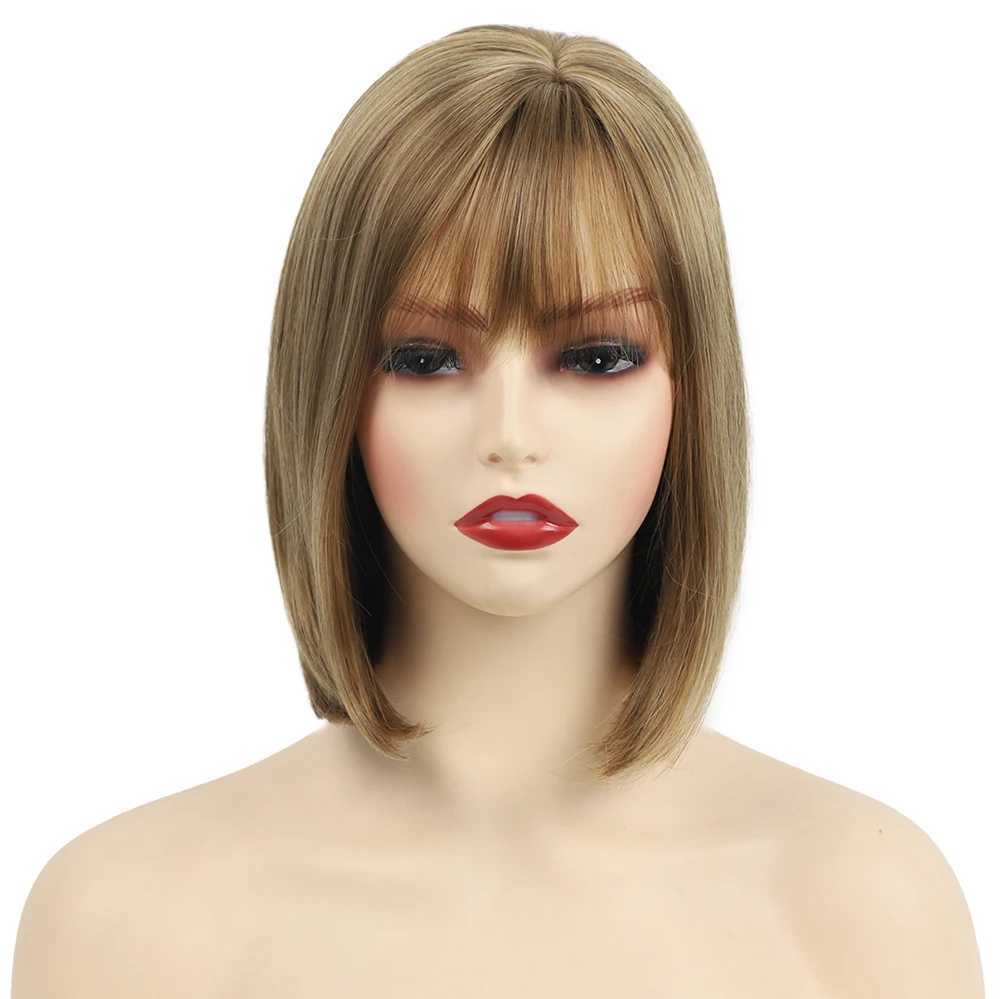 Perruques synthétiques Femmes perruque synthétique avec frange soie droite brun blond Bob cheveux réel à la recherche de perruques de fête pour jeune femme 240329