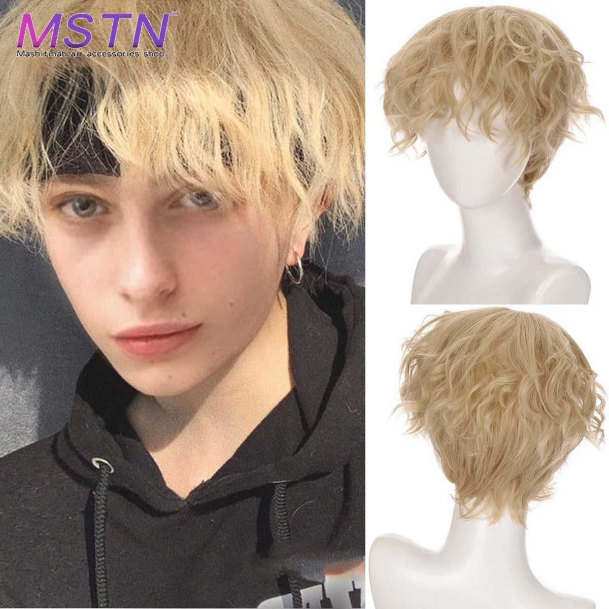 Synthetische Perücken, Spitzenperücken, MSTN, synthetische, gute Qualität, kurze, lockige Perücken für Männer, Jungen, schwarzes blondes Haar, Halloween-Party-Perücke, hitzebeständig, tägliche Cosplay-Perücke, 240327