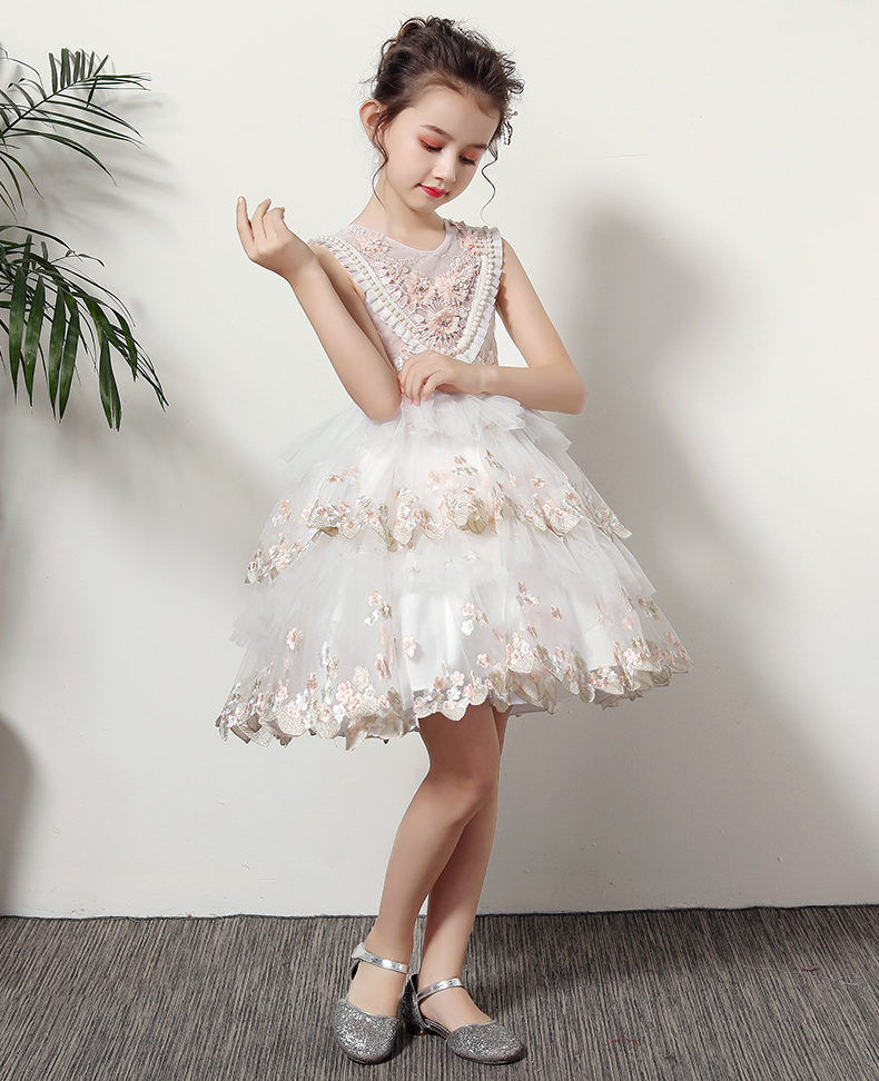 Precioso tul blanco joya apliques cuentas hasta el suelo vestido de niña de flores Vestidos de desfile para niña Vestidos de fiesta/cumpleaños Falda de niña personalizada SZ 2-12 D319039