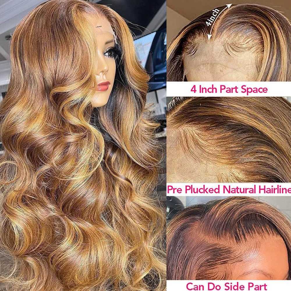 Synthetische pruiken 13x6 Hoogtepunt Hd Kanten Frontale Pruik 13x4 Honingblond Lichaamsgolf Kanten Voorkant Pruiken van echt haar voor vrouwen 360 Lijmloze Full Lace Pruik 240328 240327