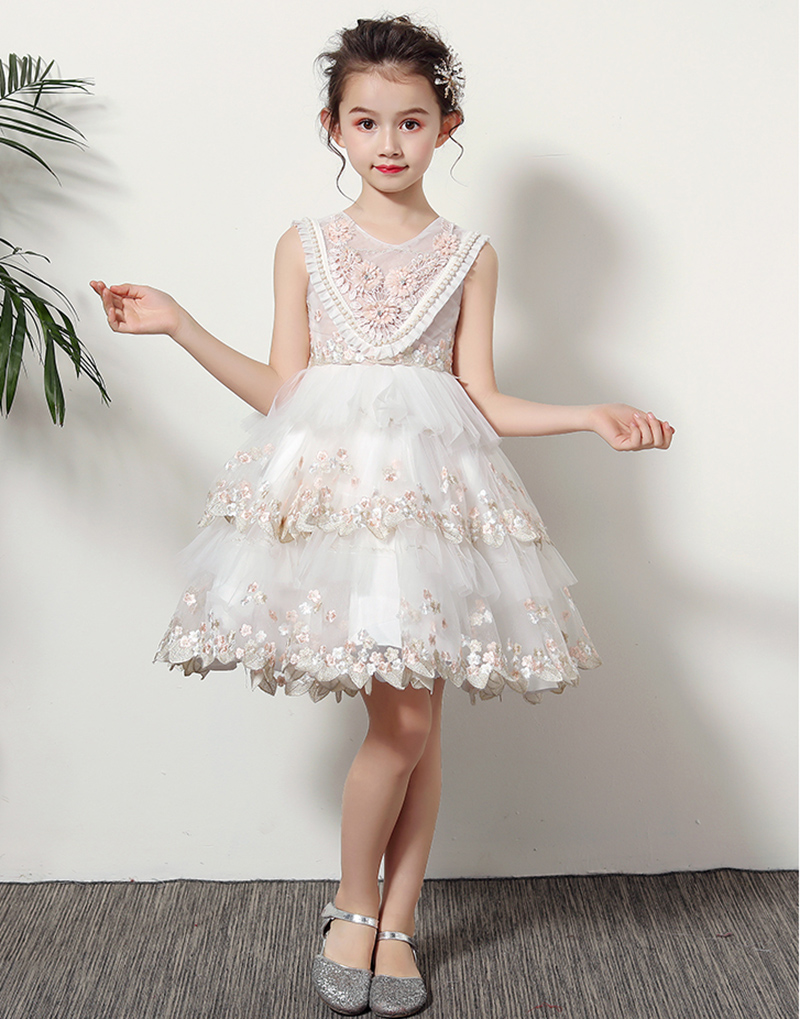 Precioso tul blanco joya apliques cuentas hasta el suelo vestido de niña de flores Vestidos de desfile para niña Vestidos de fiesta/cumpleaños Falda de niña personalizada SZ 2-12 D319039