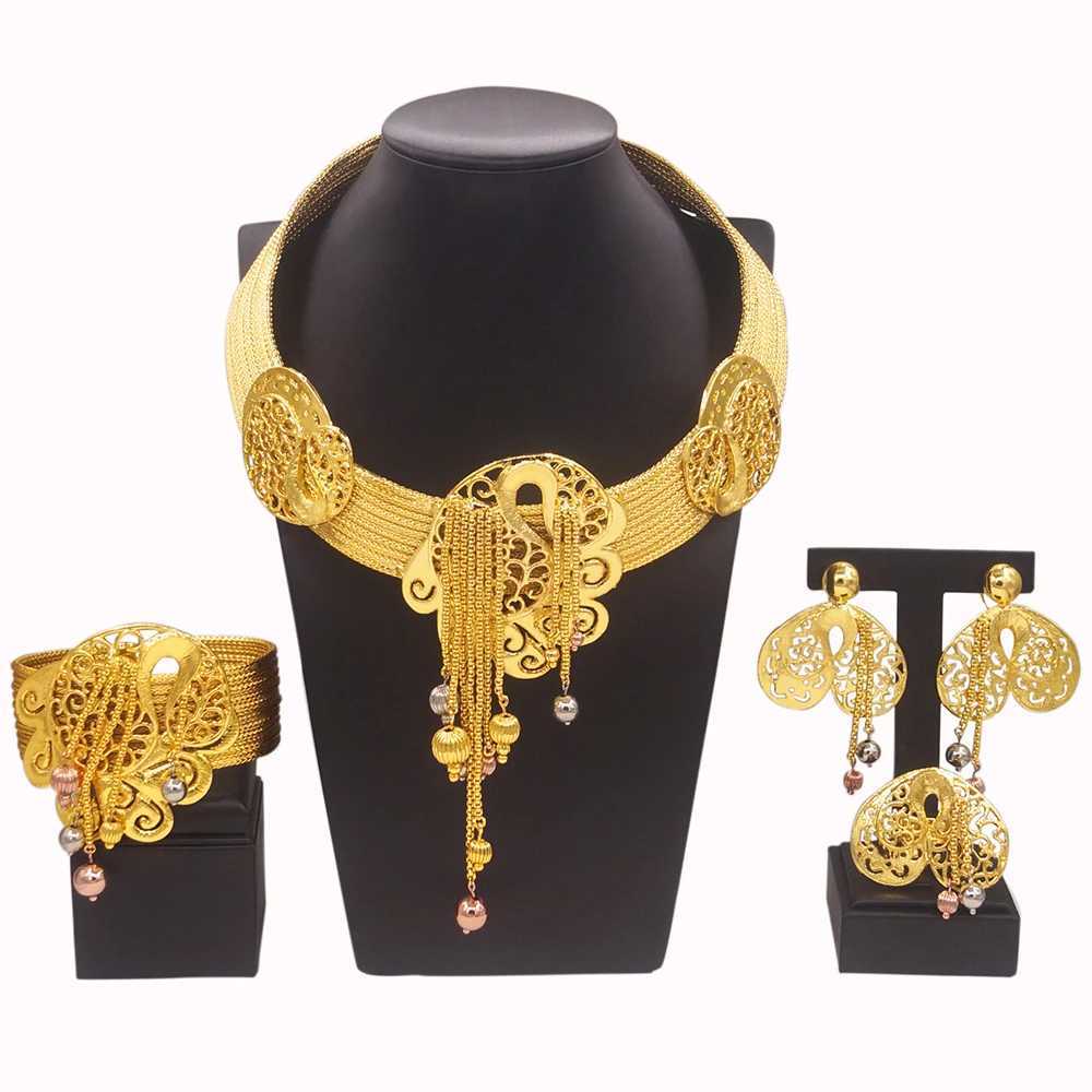 女性のネックレスのためのバングルジュエリーセットブラジルの金メッキ24k純粋な銅ネックレス女性のための豪華な結婚式のネックレスギフト240319