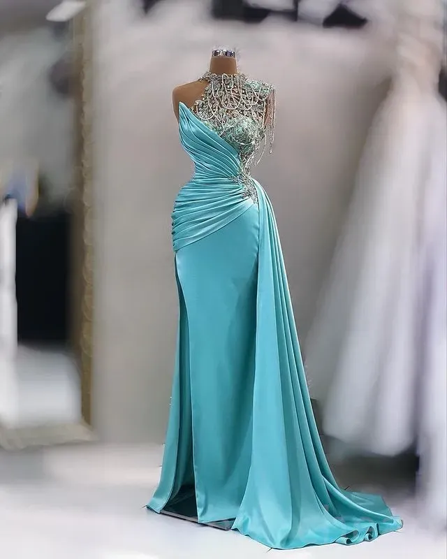 2023 April Aso Ebi Mermaid Lace Prom Dress Beaded Crystals Satin Evening Formal Party Second Reception Birthday Engagement Gowns Dress Robe De Soiree ZJ623