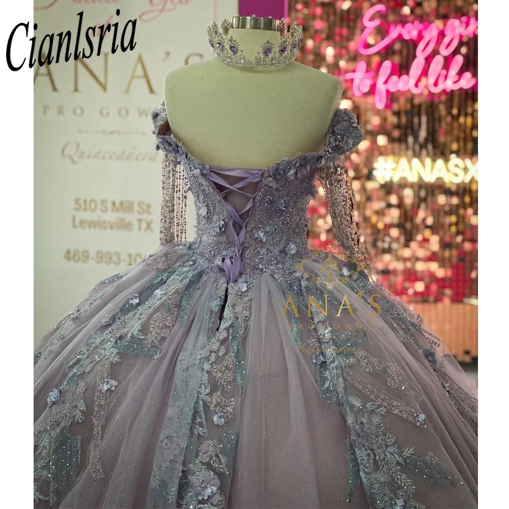 Robe Quinceanera violette scintillante, robe de bal, douce 16, perles, paillettes, glands appliqués, robe de fête d'anniversaire, 15e, 2024