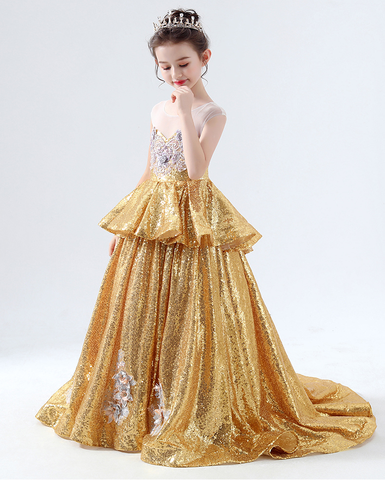 Shinning Gold Sequins mücevher aplike boncuklar tren çiçek kız elbise kızı kızıl pageant elbiseler parti/doğum günü elbiseler kızın etek özel sz 2-12 d319021