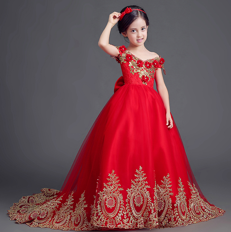 Ebullientient Red Tulle OFF BUSHER APPLIQUE FLORIE FLORIE fille robe de concours de fille de fille de la fille / robes d'anniversaire Jupe de fille personnalisée SZ 2-12 D319033