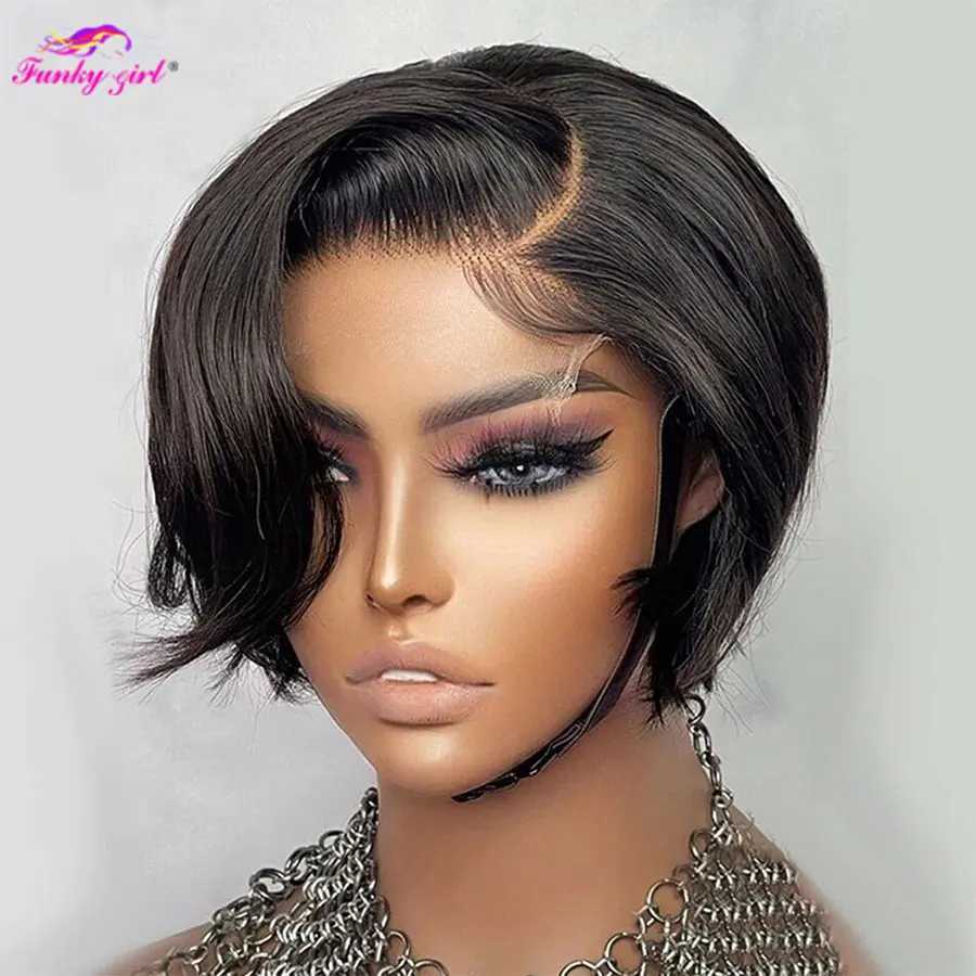 Synthetische Perücken, Spitzenperücken, kurze Bob-Perücke mit Pixie-Schnitt, Remy-gerades brasilianisches Echthaar, Verkauf, T-Teil, transparente Spitze-Bob-Perücken für schwarze Frauen, vorgezupft 240328 240327