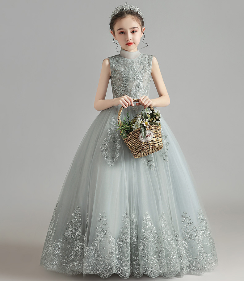 Beauty Silver Tulle Applique Pärlor ärmlös Flower Girl Dress Girl's Pageant Dresses Party/Birthday Dresses Girl's Kirt Custom SZ 2-12 D319024