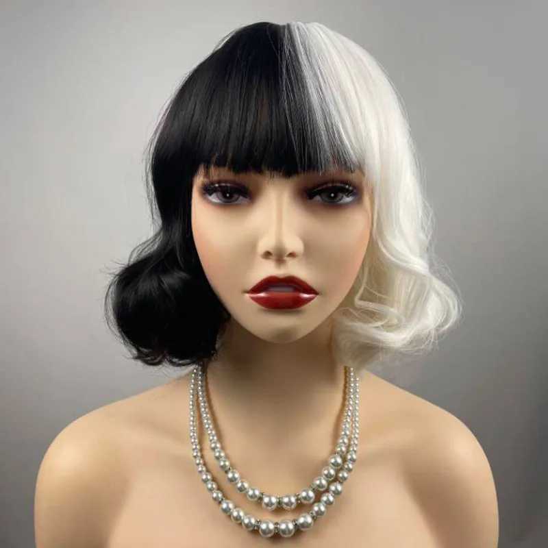 Synthetic Wigs Lace Wigs Wig woman Cruella dress up black and white small curly short curly synthetic high temperature silk full head cover 240329