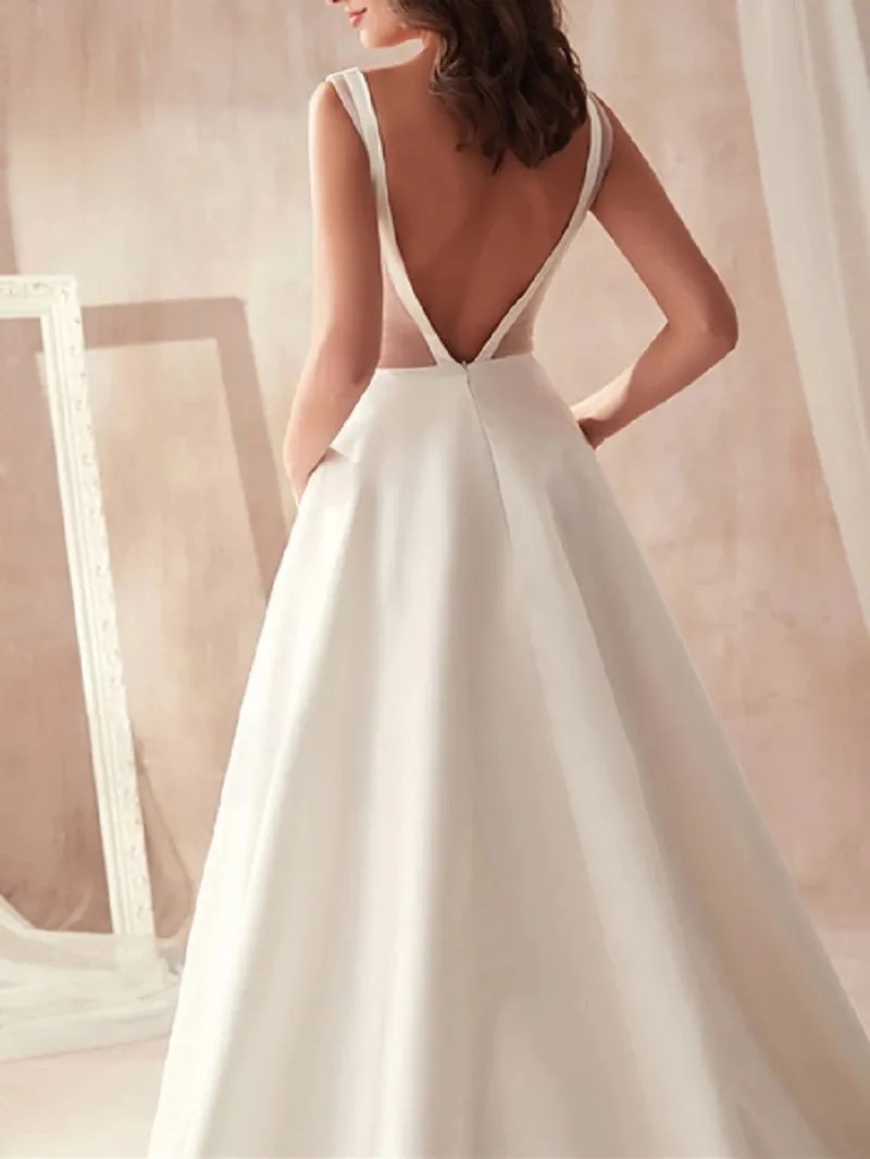 A Line Wedding Dresses Deep V Neck Sexy Sleeveless Boho Garden Bridal Gowns Open Back Sweep Train Reeption Dress For Bride Simple Robes YD