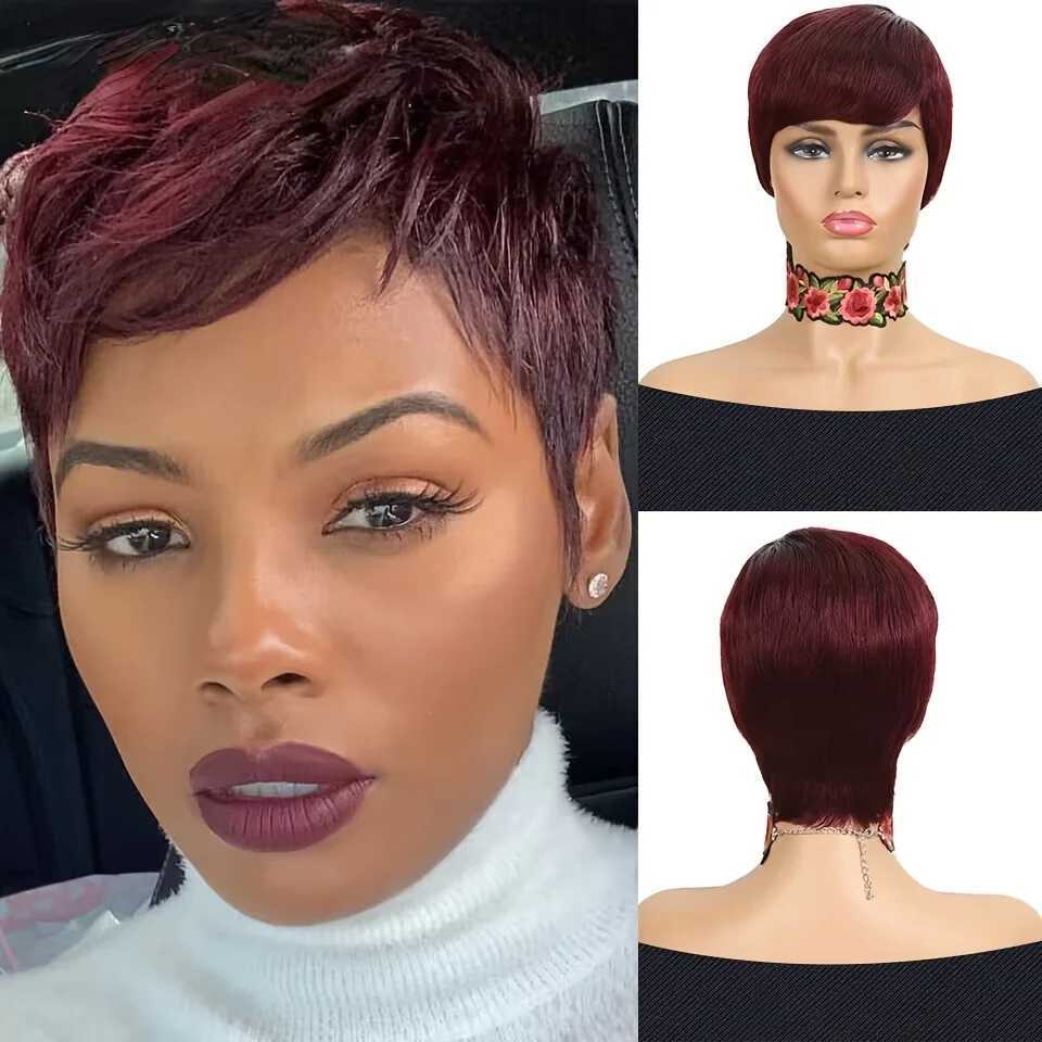 Parrucche sintetiche Rosso Borgogna 99J Colore Bob corto Parrucca taglio pixie con frangia Parrucche diritte capelli umani Remy donna Parrucca completa fatta a macchina 240328 240327