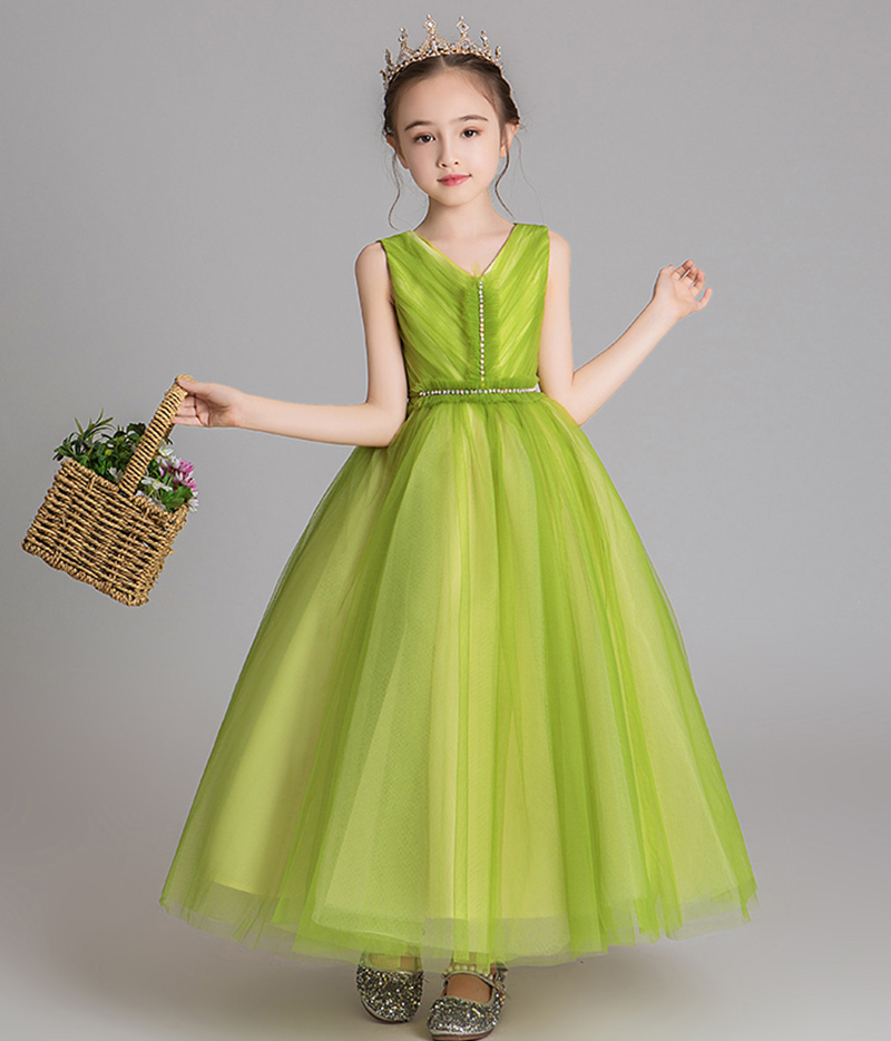 Sobriety Green Tulle V-Neck Beads Flower Girl Dress Girl's Pageant Dresses Party/Birthday Dresses Girl's Skirt Custom SZ 2-12 D319036