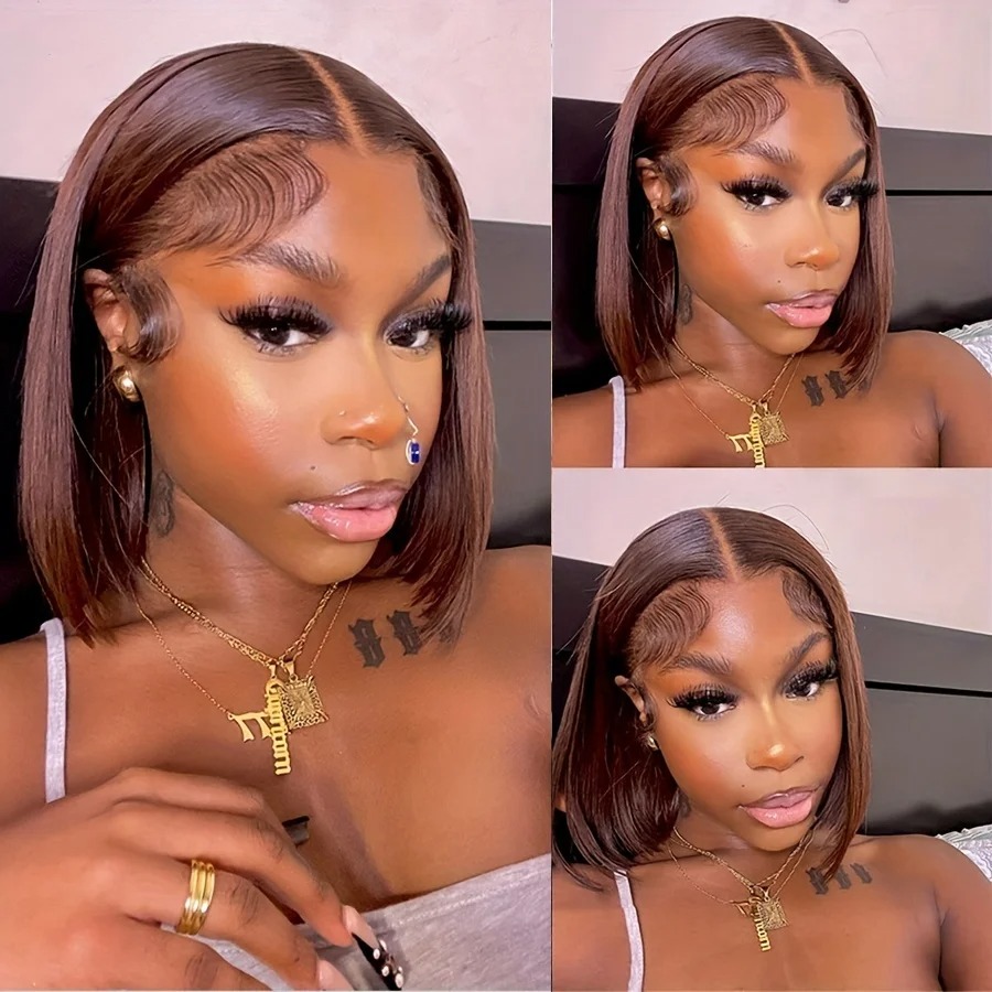 Lijmloze Chocoladebruine Korte Bob Pruik 13x4 HD Lace Front Pruiken Rechte Bob Pruik Melt Skins HD Vetersluiting Pruiken van echt haar