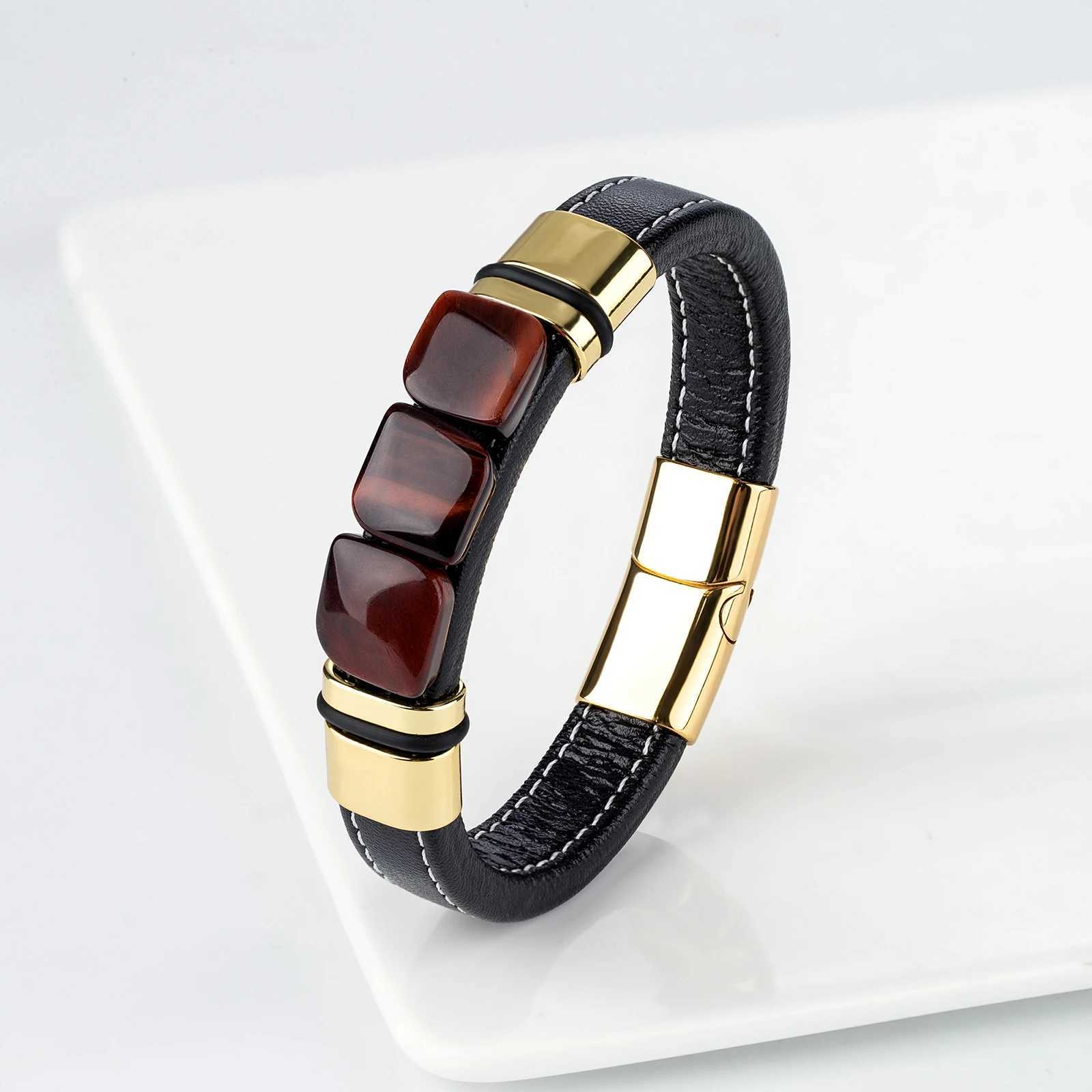 Bangle New Multicolor 3 Square Natural Old Eye Tiger Vintage Jewelry With Hanging Ornament Wide Leather Rope Men Steel Bracelet 240319