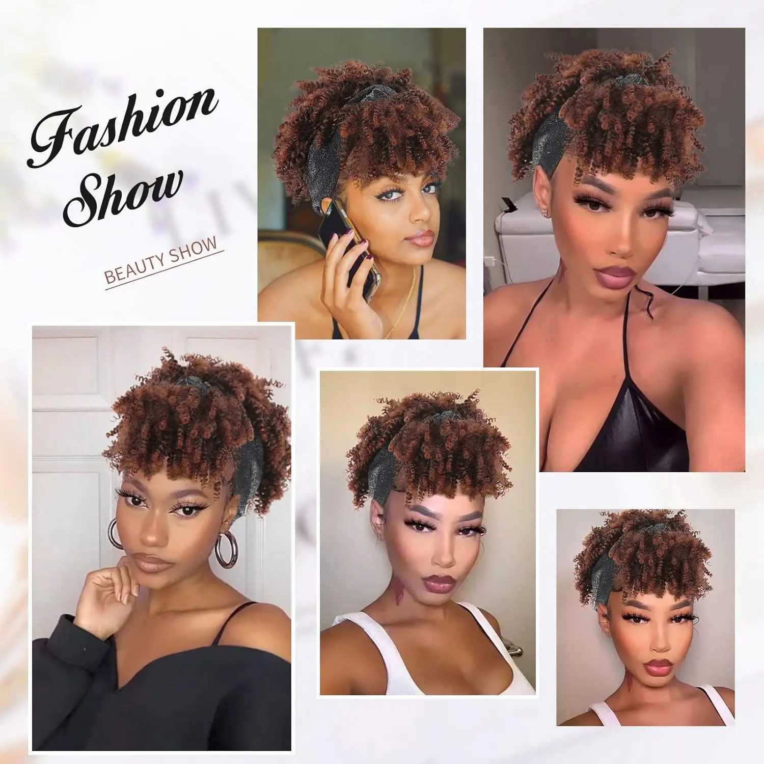 Syntetyczne peruki Kinky Curly Pasme Pasma dla czarnych kobiet Krótka ombre brązowa peruka z opaską na głowę przymocowaną afro puff Curly Pasme z grzywką 240329