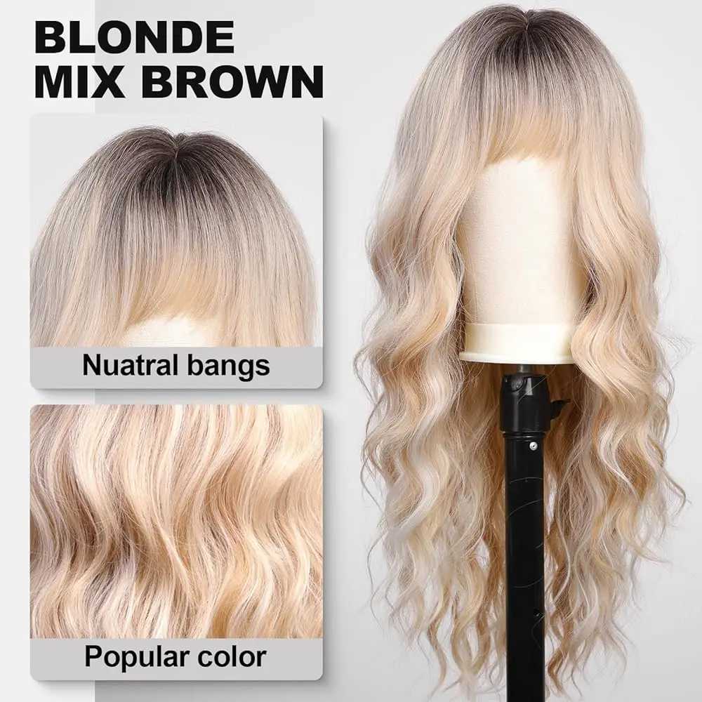 Synthetische Perücken, lange blonde Ombre-Braun-Synthetik-Perücken, wassergewellte Platin-Perücken mit Ponyhaar-Perücke für Frauen, tägliche Cosplay-Party, hitzebeständig, 240329