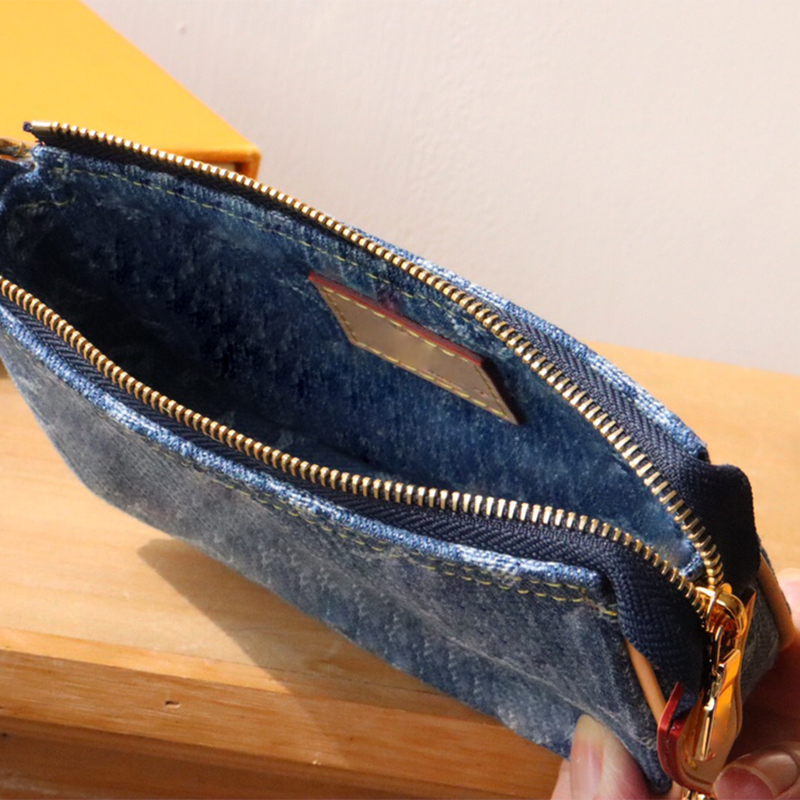 Kleine Reißverschlussbärke Denim Canva Wallethalter Damen Klassische Ledermünze Schlüsselkette Casual Style Kreditkartenhalter Lady Beutel Geschenk mit Box