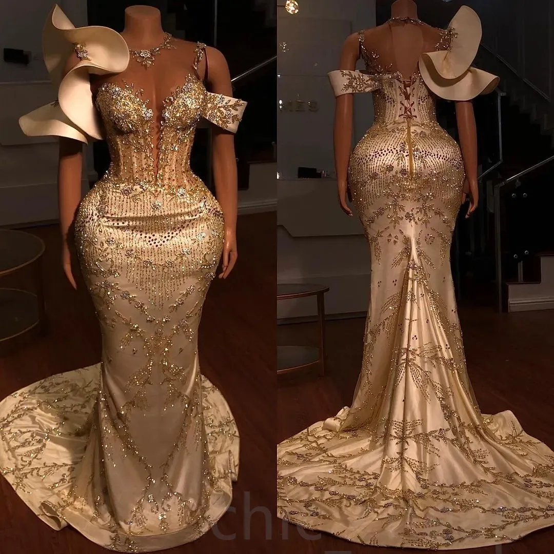 2023 Arabic Aso Ebi Gold Mermaid Prom Dresses Lace Beaded Sexy Evening Formal Party Second Reception Birthday Engagement Gowns Dress ZJ773