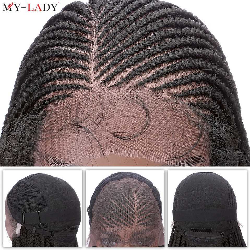 Syntetiska peruker Syntetiska peruker My-lady 28inch Syntetiska flätor Wig Cornrow spets fram peruker lockiga ändar svarta kvinnor lådan flätade frontala spetsar med babyhår 240327