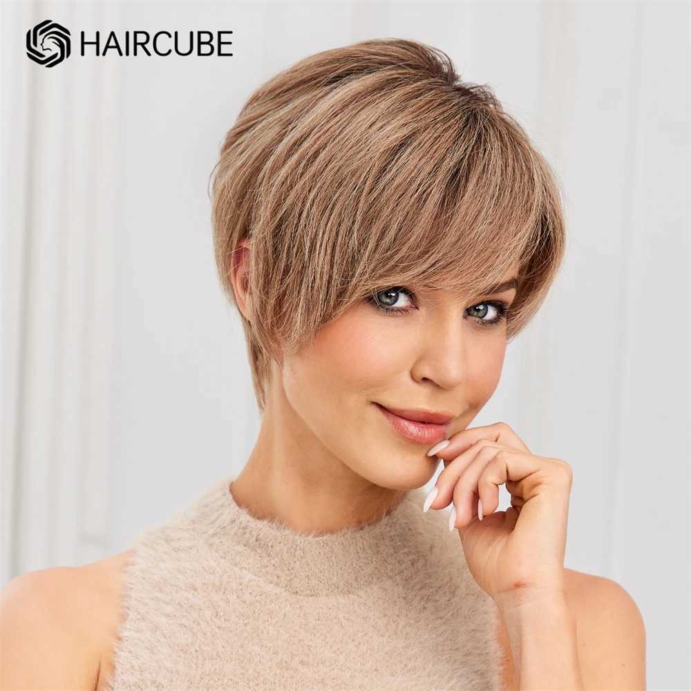 Pelucas sintéticas Moños humanos Corto Corte Pixie Pelucas de cabello humano Frente de encaje Pelucas Bob rectas con flequillo Cabello humano Remy en capas marrón para mujeres Encaje transparente 240327