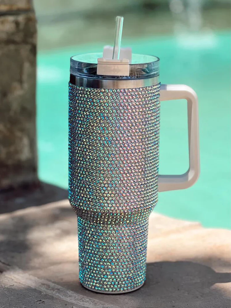 40oz Shiny Diamond Shiny Diamond Tumble Coffee Insulation Cup Stainless Steel Car Bottle Straw Large Capacity Rhinestone Cup