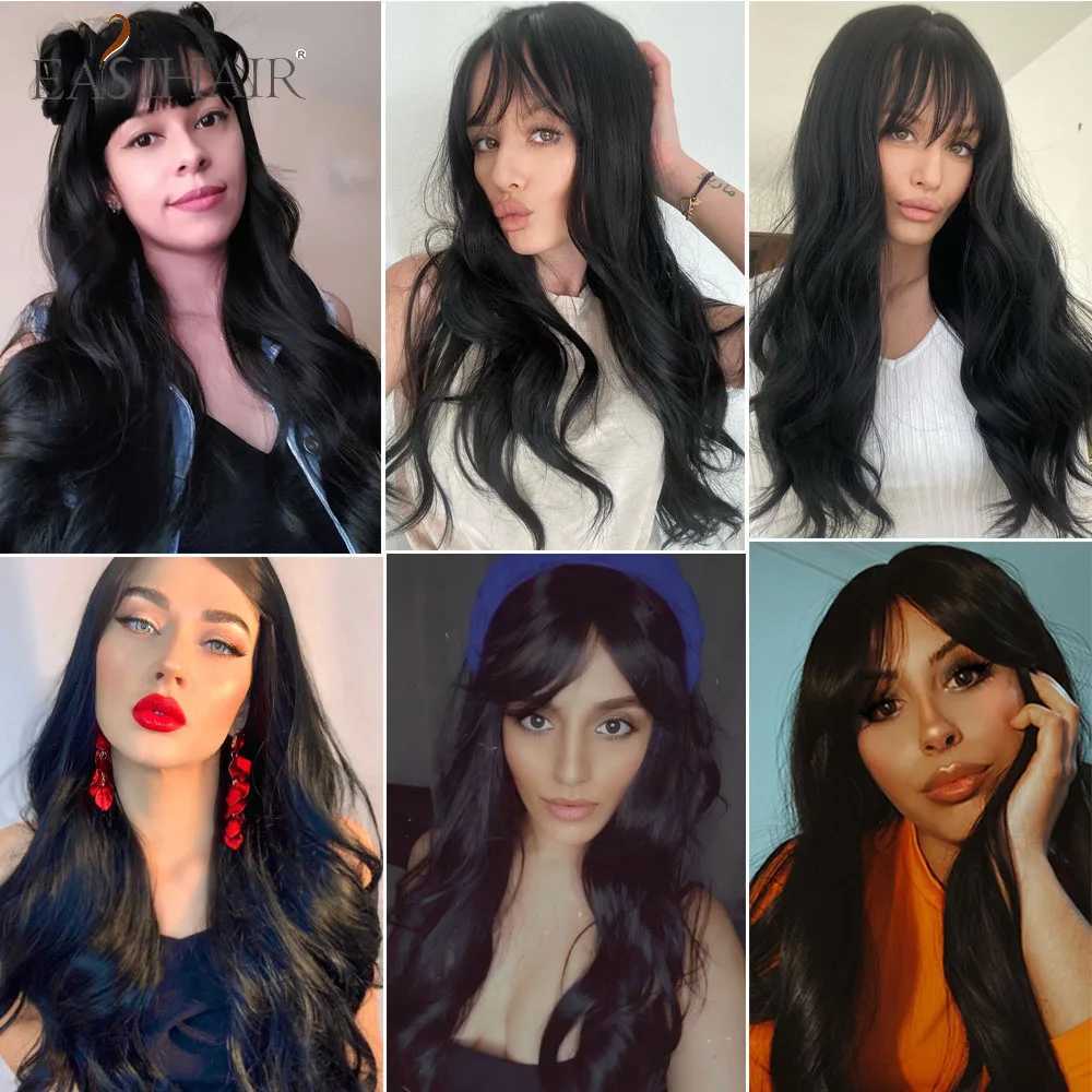 Synthetic Wigs Cosplay Wigs EASIHAIR Long Black Wigs Cosplay Body Wave Synthetic Wigs with Bangs for White Black Women Brazilian American Natural Hair 240328 240327