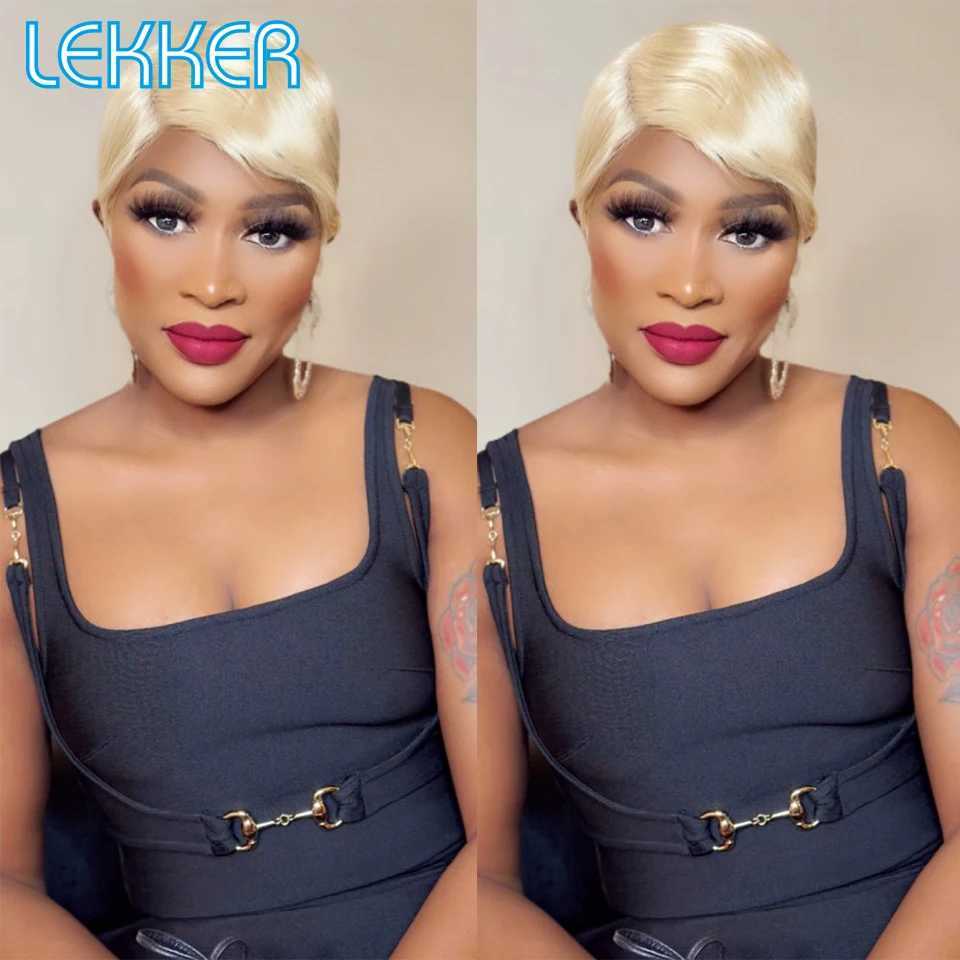 Synthetic Wigs Lekker Short Pixie Bob T Part Lace Human Hair Wig For Women Natural Pre Plucked Glueless Ombre Burgundy Brazilian Remy 613 Wigs 240329
