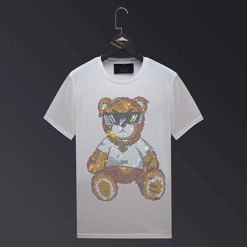 Erkek Tişörtler Plus Boyut 2024 Bear Rhinestones T Shirts Erkekler Top Moda Sokak Giyim O Boyun Kısa Kol İnce Modal Pamuk Tshirts Erkek Giyim J240319