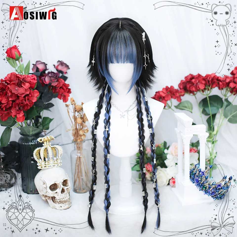 Synthetische Perücken AOSI 80 cm synthetische lange gerade Cosplay-Perücke mit Pony, schwarze Highlights, lila Lolita-Perücke, Frauen, Halloween, Cosplay-Perücken, weiblich, 240329