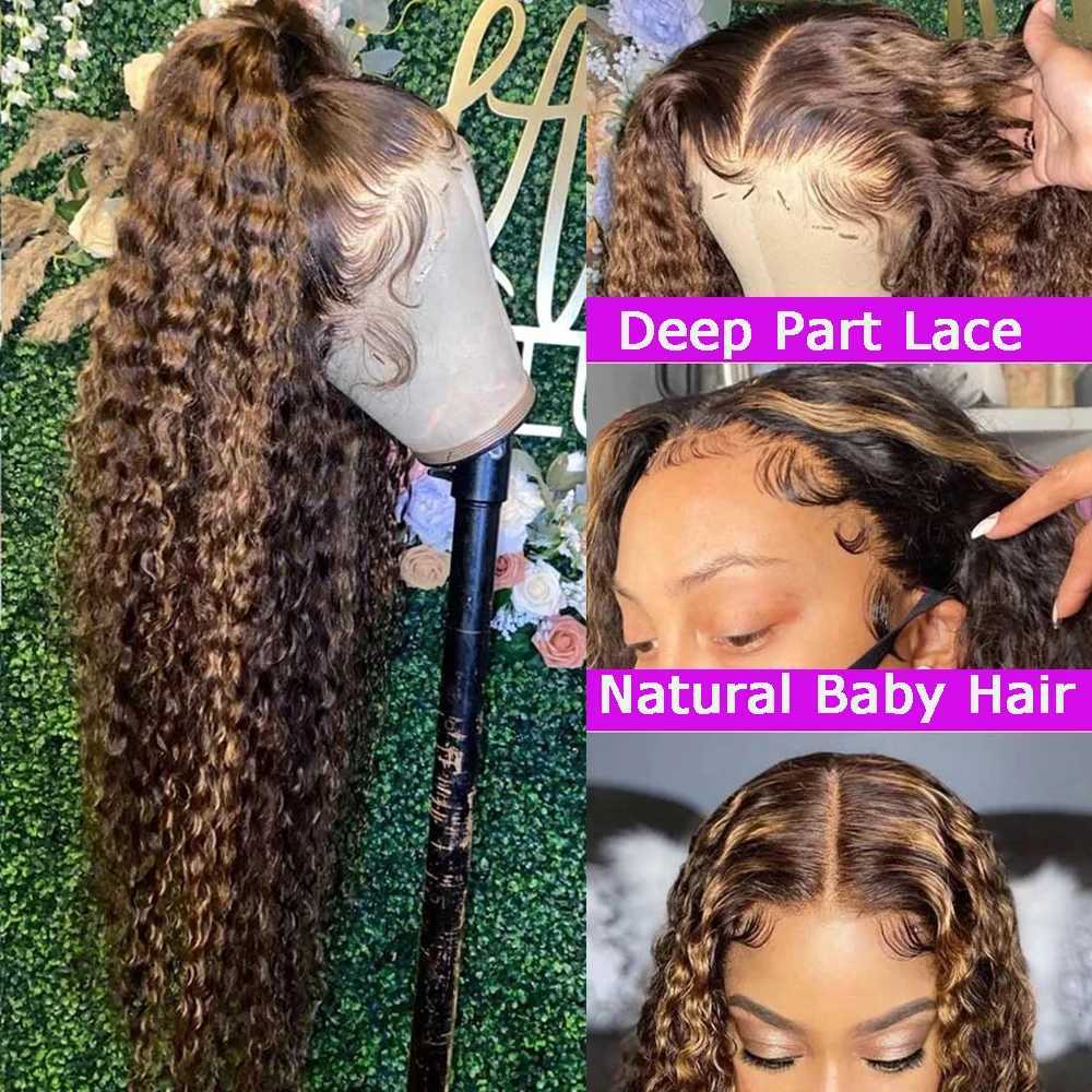 Synthetic Wigs 30 32 Inch Highlight Ombre Lace Frontal Wig Curly Human Hair Wigs 4/ed 13x4 Deep Curly 4x4 Lace Closure Wigs For Women 240328 240327