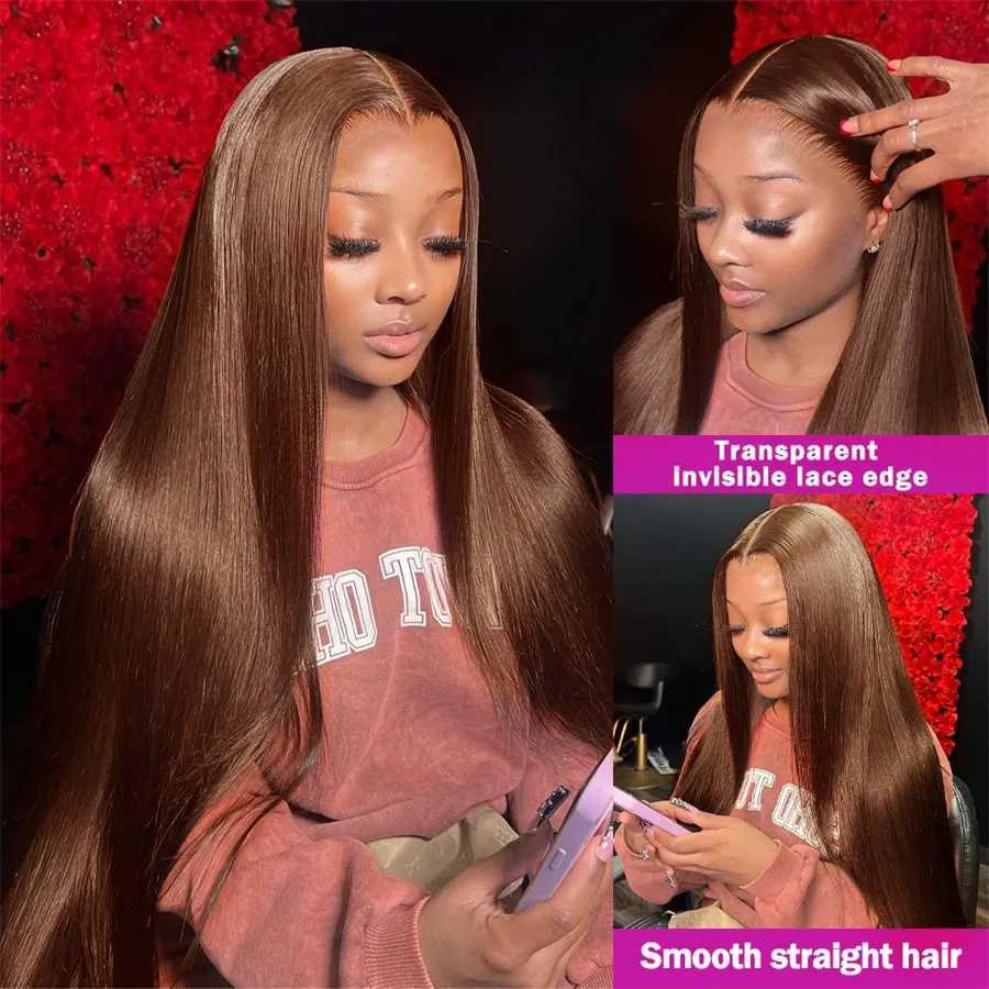 Synthetic Wigs 200% Chocolate Brown Straight Lace Front Wigs Human Hair Transparent 13x4 Lace Frontal Human Hair Wig Pre Plucked Colored Wig 240329