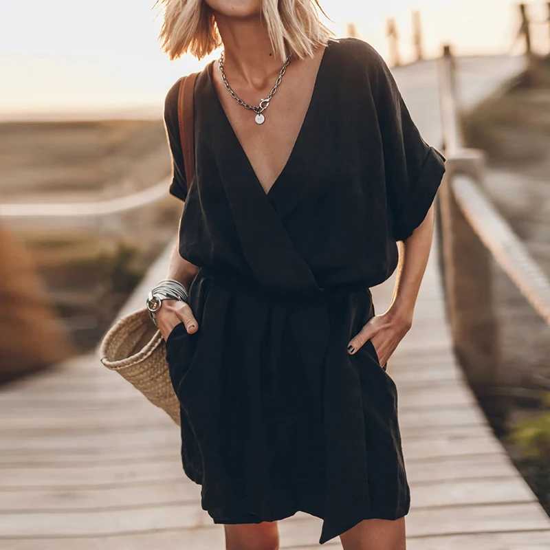 Basic Casual Jurken Color Wrap V Cotton Jurk Dames Spring Casual veterzakken Draai Zomer Summer Korte mouw losse feestjurken 24319