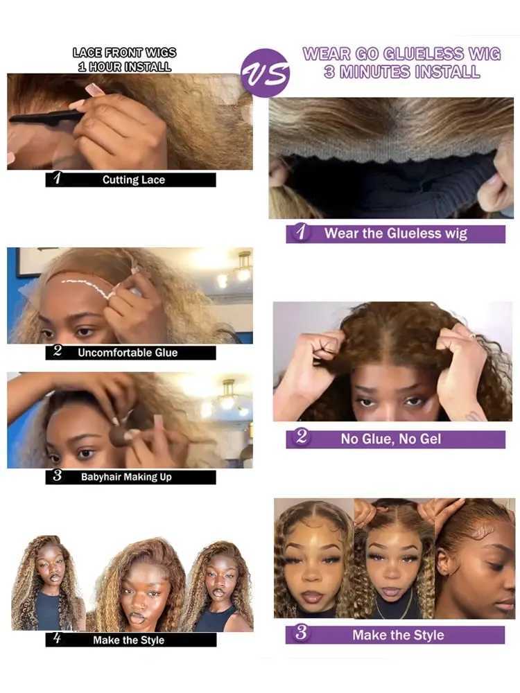 Synthetic Wigs Human Chignons Pre Cut Highlight Wig Curly Human Hair 13x4 Deep Wave Bleached Knots Glueless Wigs 4/27 Pre Plucked Wear And Go Human Hair Wigs 240327