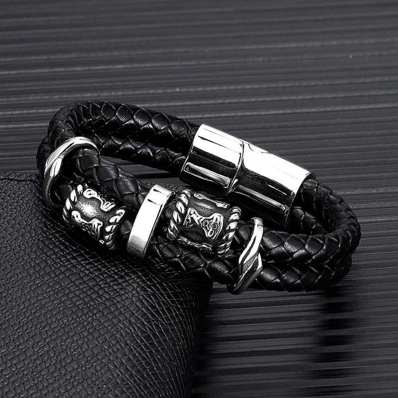 Brazalete MKENDN Vikingos nórdicos Thora Hammer Mjolnir Runa escandinava Amuleto de cuentas de acero inoxidable Pulsera de cuero para hombre Homme Pulseras 240319