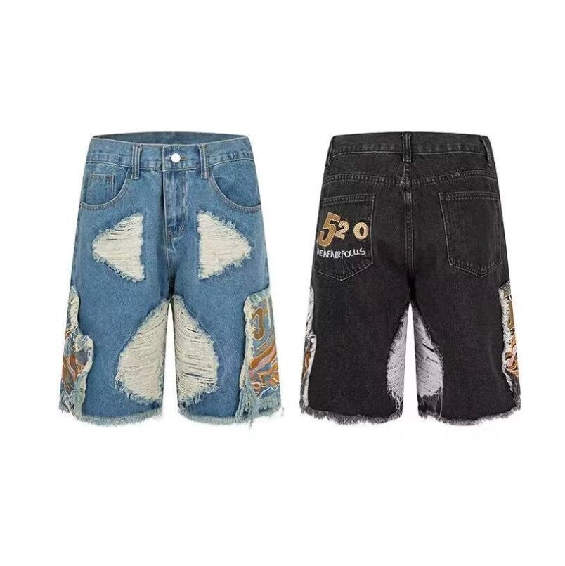 Mens Jeans Ripped Denim Shorts Light Blue Short Pants Trendy All Match Loose Split Stitching Short Jeans