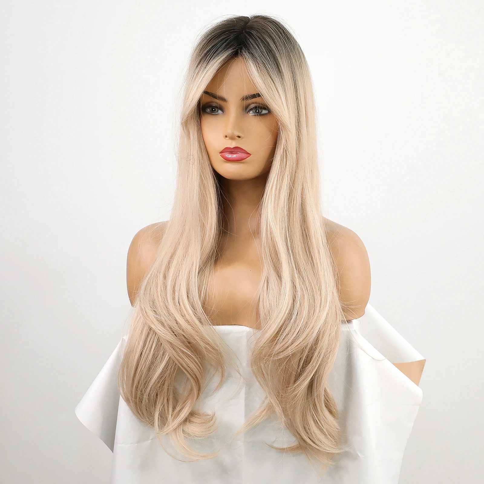 Perruques synthétiques Perruques synthétiques longues vagues Ombre perruque blonde noire avec frange latérale fibre résistante à la chaleur cheveux de fête quotidiens perruques de cosplay pour femmes 240328 240327