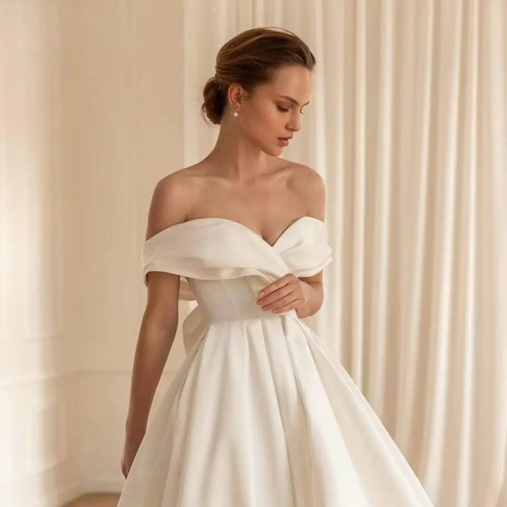 Adorable A-Line Wedding Dress Off The Shoulder Strapless Bow Satin Open Back Ankle Length Draped Simple Vestidos De Novia YD