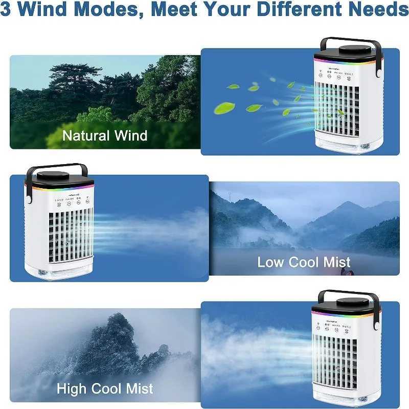 Electric Fans Portable Air Conditioners Cooling Fan Mini Portable Air Conditioner 4 Wind Speed and 7 LED Lights 2 Cool Compressed Air and 2-8H Timer 240319