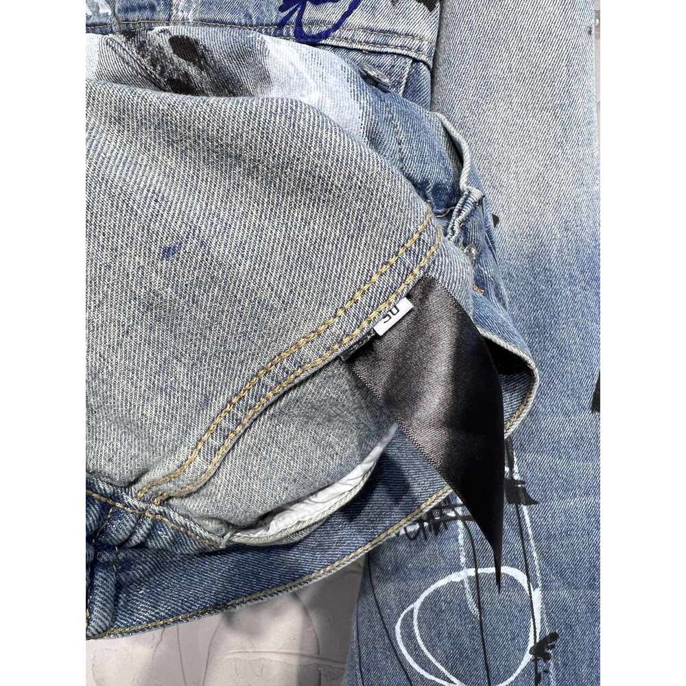 Jaqueta de graffiti familiar versão alta B, jaqueta jeans unissex SS23 outono nova e desgastada