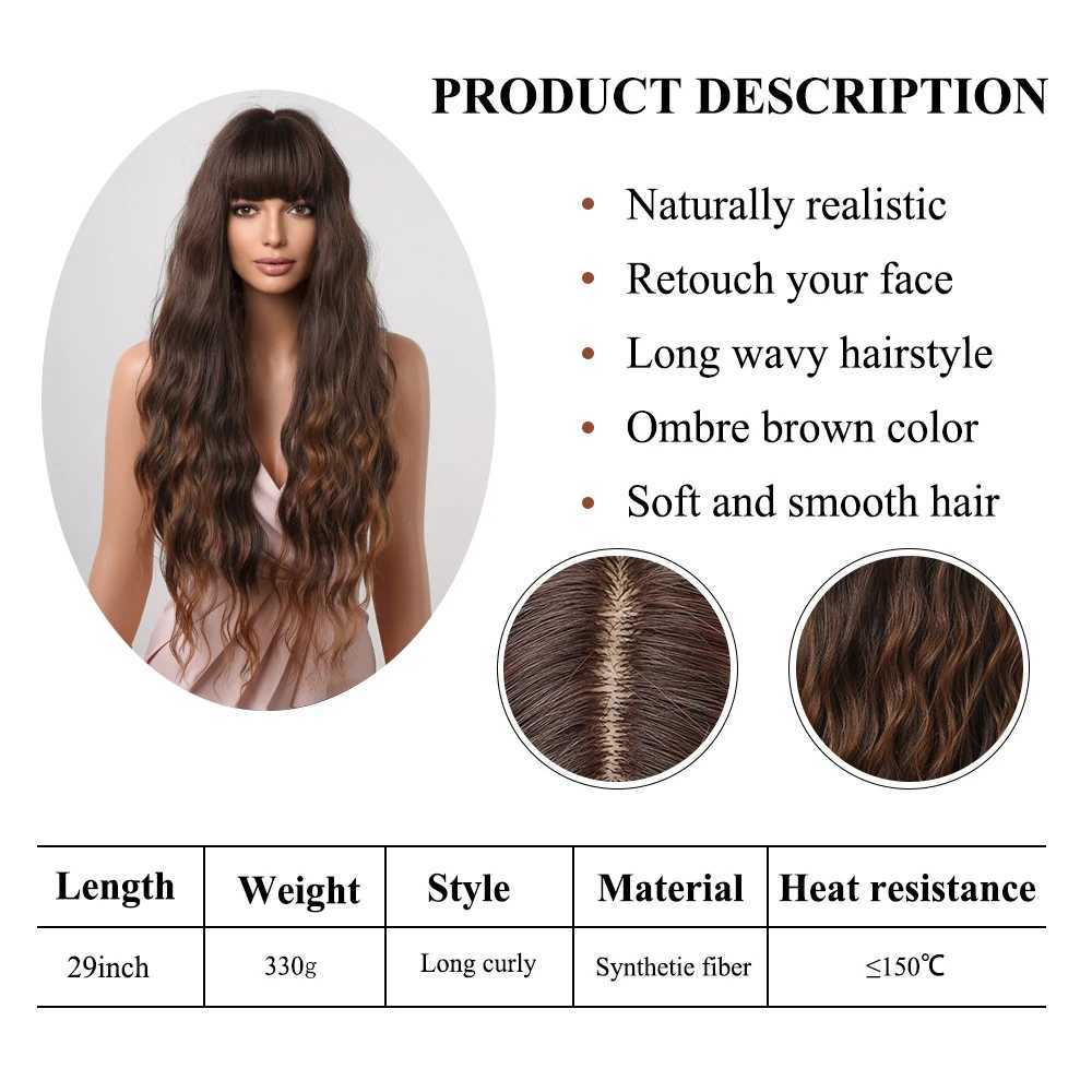 Perruques synthétiques Perruques de cosplay Perruques synthétiques longues perruques ondulées brunes ombrées avec frange pour femmes afro brun chocolat perruques de cheveux de cosplay quotidiens résistantes à la chaleur 240329