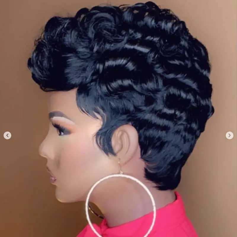 Synthetic Wigs WIGERA Synthetic Cheap Black Short Curly Cute HairStyles Finger Waves Elegant Charming Wig For Summer Pretty Designs For Women 240329