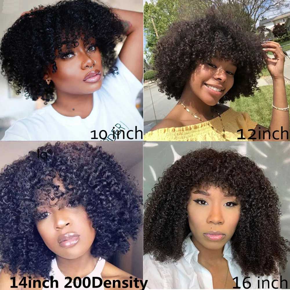 Sentetik peruklar Moğol Afro Afro Kinky Kıvırcık İnsan Saç Perukları Patlamalar Kısa Brezilya Remy İnsan Saç Makinesi Kadınlar İçin Yapılan Peruklar Glueless 240329