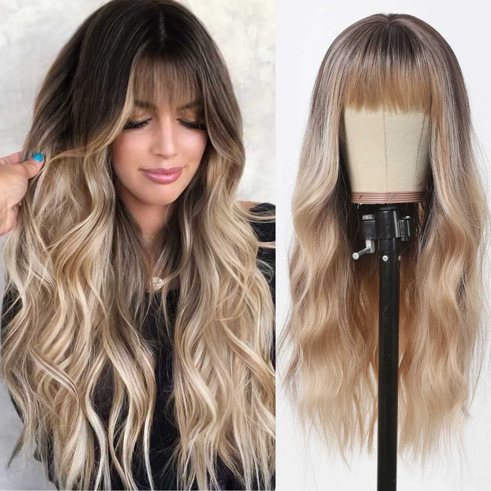 Synthetic Wigs Long Curly Brown Ombre Blonde Synthetic Wigs Cosplay Wigs with Bangs for Black Women Afro Daily Use Natural Heat Resistant Fibre 240328 240327