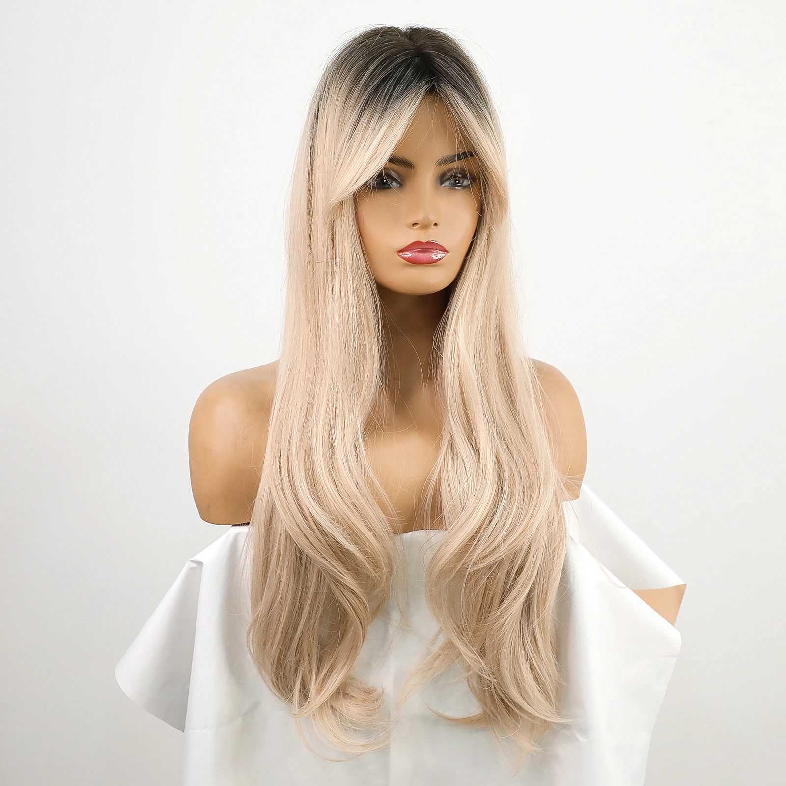 Synthetic Wigs Long Wave Synthetic Wigs Ombre Black Blonde Wig with Side Bangs Heat Resistant Fiber Daily Party Hair Cosplay Wigs for Women 240328 240327