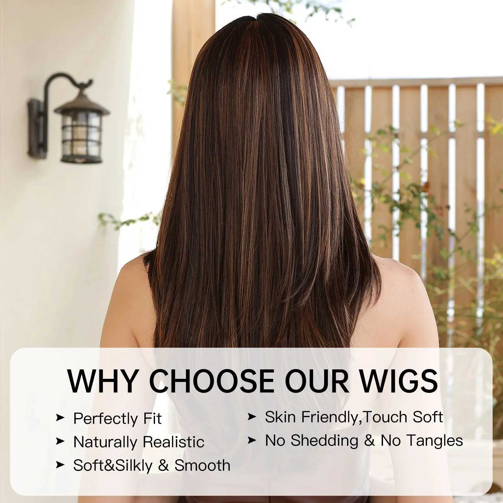 Syntetyczne peruki Cosplay peruki ciemnobrązowe proste włosy dla kobiet syntetyczne długie perukę z grzywką warstwa fryzury codziennie używaj błonnika odpornego na ciepło 240329