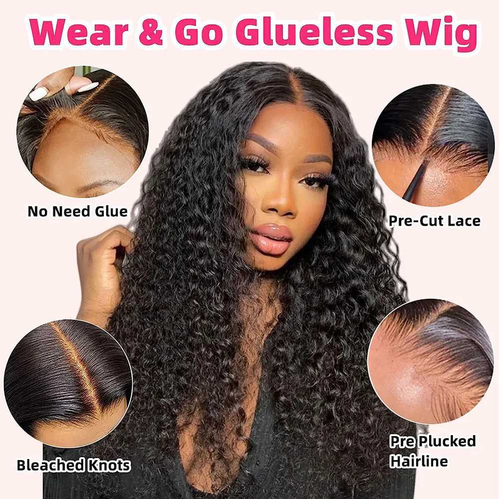 Synthetic Wigs Human Chignons Deep Wave Wear And Go Glueless Lace Frontal Human Hair Wig 4x4 Lace Closure Wig Curly Wave Glueless Human Hair Wig For Women 240328 240327